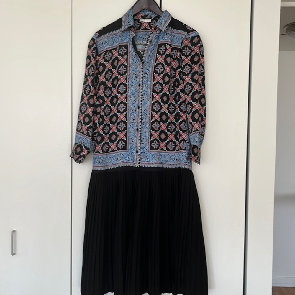 Sandro Black Pleated Skirt Dress with Blue and Pink Printed Bodice
